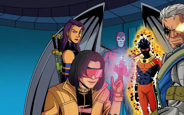 X‑Men '97 4K Ultra HD PC desktop wallpaper/background: stylized animated team in a circular control room — winged heroine, visor-wearing mutant, glowing energy figure and a silver‑haired veteran.