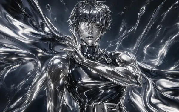 4K Ultra HD anime PC wallpaper: Maki Zenin reimagined as a male cyborg in reflective silver liquid armor, intense gaze against a glossy, flowing metallic background.