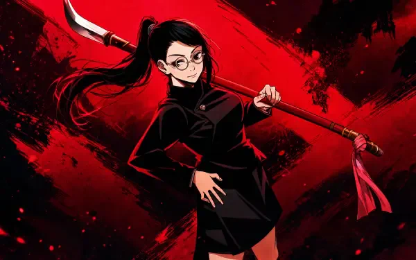 Maki Zenin anime girl in a black uniform wielding a scythe against a red-black splattered backdrop, 4K Ultra HD PC desktop wallpaper