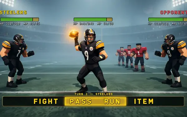 4K Ultra HD PC wallpaper: video-game battle screen with Pittsburgh Steelers football players in RPG-style pose, QB center about to pass; menu shows Fight / Pass / Run / Item.