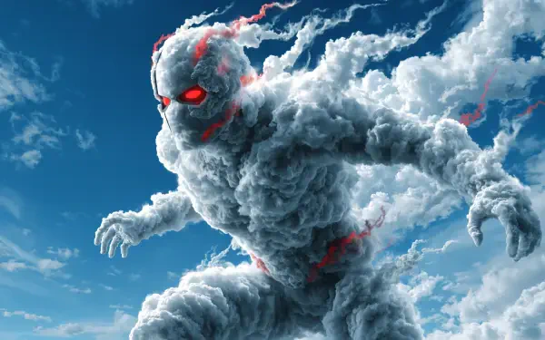 4K Ultra HD PC wallpaper: Ant-Man cloud monster — towering storm-cloud figure with glowing red eyes and crackling red veins against a vivid blue sky.