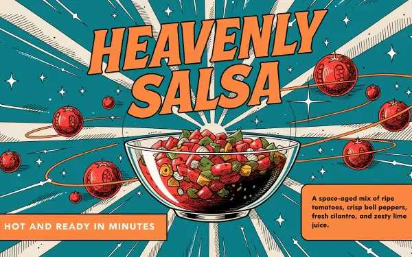 Retro sci‑fi 4K Ultra HD PC desktop wallpaper: vibrant glass bowl of salsa with tomatoes and peppers orbiting like planets under a bold Heavenly Salsa title.