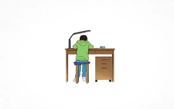 Look Back — 2K Quad HD PC wallpaper: person in a green hoodie seated at a wooden desk under a lamp, viewed from behind on a clean white background.