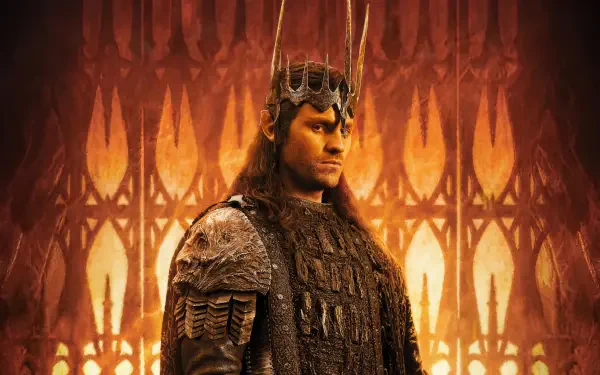 Armored crowned ruler stands before glowing gothic arches and fiery light — The Lord of the Rings: The Rings of Power 4K Ultra HD PC desktop wallpaper.