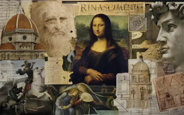 Renaissance collage 4K Ultra HD PC desktop wallpaper: Mona Lisa centered amid Leonardo sketches, sculptures, architectural drawings and classical motifs.