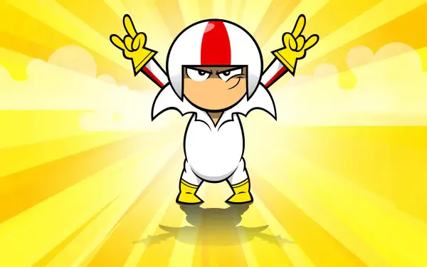 Kick Buttowski in white stunt suit strikes a victory pose against a radiant yellow burst — 4K Ultra HD PC desktop wallpaper background