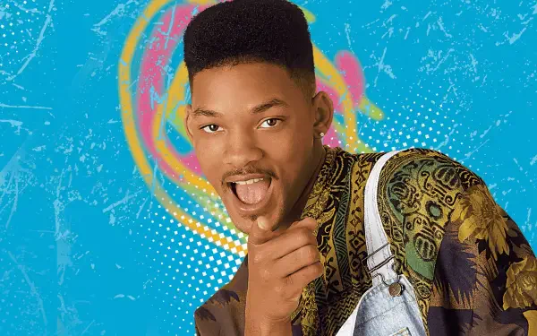 4K Ultra HD PC desktop wallpaper inspired by The Fresh Prince of Bel-Air: young man with high-top fade pointing playfully against a neon graffiti-blue background.