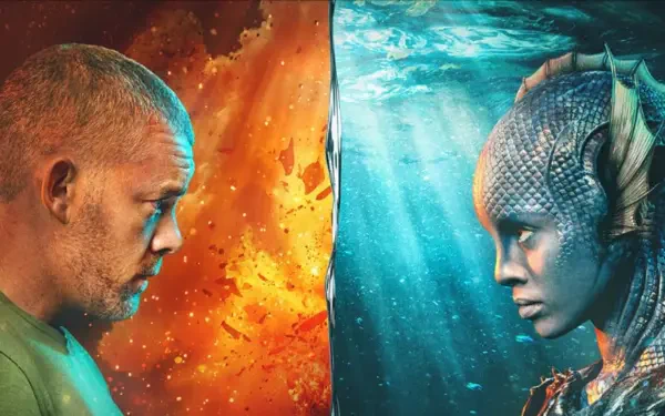The War Between the Land and the Sea: 4K Ultra HD PC desktop wallpaper and background showing a fiery man and a water‑dwelling humanoid in a dramatic face‑off, split orange fire and blue ocean.