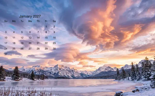 January 2027 calendar on a 5K Ultra HD PC desktop wallpaper: snow-capped mountains reflected in a frozen lake at sunrise.