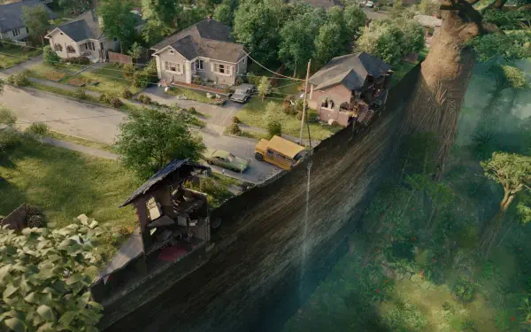 The End of Oak Street — 4K Ultra HD PC Desktop Wallpaper and Background: aerial view of suburban homes split by a dramatic cliff, a street ending at a deep, green-tinged chasm.