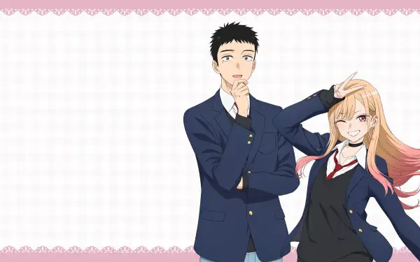 My Dress-Up Darling anime 4K Ultra HD PC desktop wallpaper and background showing two high-school students in navy uniforms — a thoughtful boy and a smiling girl with pink-tipped hair on a pale patterned backdrop.
