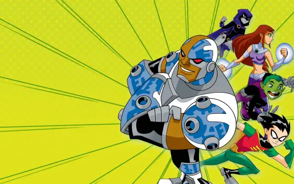 Teen Titans 4K Ultra HD PC desktop wallpaper: Cyborg leading Raven, Starfire, Beast Boy and Robin bursting outward on a bright green radial background.