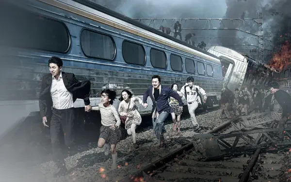 Train to Busan 4K Ultra HD PC wallpaper: passengers sprint along tracks away from a derailed, smoking train amid flames, debris, and a smoky, chaotic night scene.