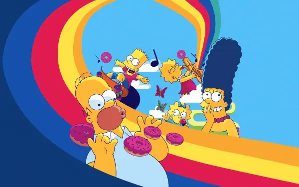 The Simpsons family—Homer, Marge, Bart, Lisa and Maggie—cheer amid rainbow ribbons and floating donuts; colorful 4K Ultra HD PC desktop wallpaper/background.