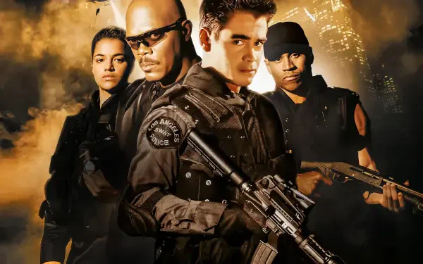 Four SWAT officers in tactical gear holding rifles against a smoky city skyline — S.W.A.T. (2003) 4K Ultra HD PC desktop wallpaper/background.