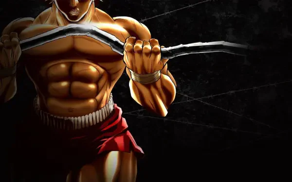 Baki (2018) HD PC desktop wallpaper: close-up of a muscular fighter ripping a chain across his chest against a dark, scratched textured background.