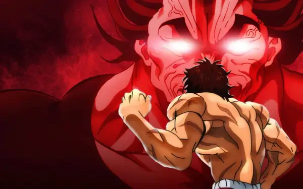 Baki (2018) HD PC desktop wallpaper and background: muscular Baki seen from behind, fists raised, confronting a towering red demonic figure with glowing eyes.