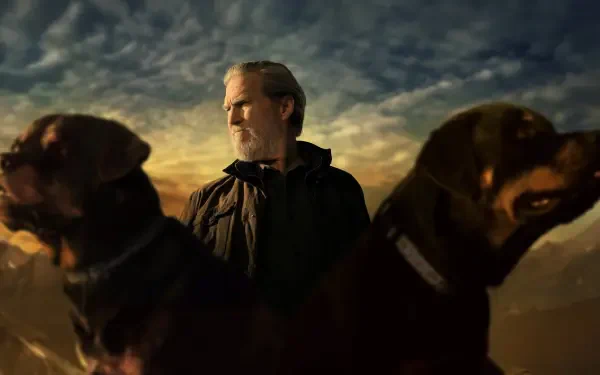 The Old Man — 4K Ultra HD PC desktop wallpaper showing a bearded elder between two large dogs beneath a dramatic sunset sky.