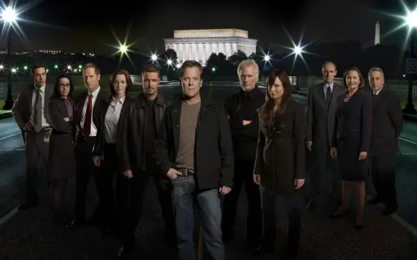 HD PC desktop wallpaper tagged 24: a dozen people stand on a dimly lit bridge at night with an illuminated neoclassical memorial behind them.