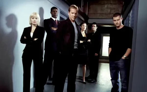 HD PC desktop wallpaper background — tag 24: moody corridor scene with six serious-looking figures in dark clothing standing under stark lighting, casting long shadows.