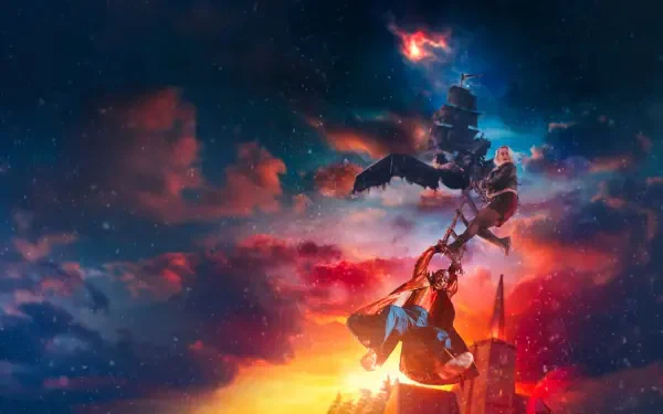 Doctor Who (2023) 2K Quad HD PC desktop wallpaper showing the Doctor suspended in fiery clouds, the TARDIS above and a silhouetted city below in vivid sci‑fi colors.