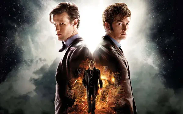 Doctor Who (2005) 4K Ultra HD PC desktop wallpaper and background: two incarnations of the Doctor stand back-to-back before a glowing cosmic sky, a smaller figure walks through a fiery portal.