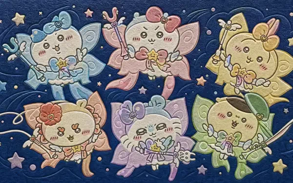 Chiikawa 4K Ultra HD PC desktop wallpaper: six pastel fairy-like Chiikawa characters with wands and star motifs on a dark blue, starry background.
