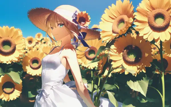 HD PC desktop wallpaper: anime Artoria Pendragon in a white sundress and straw hat stands amid towering sunflowers beneath a bright blue sky.