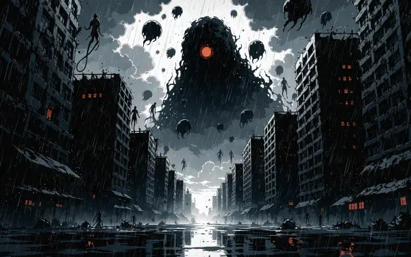 Dark anime 4K Ultra HD PC desktop wallpaper and background: rain-slicked ruined city with a colossal shadowy monster and a single glowing red eye looming over skyscrapers.