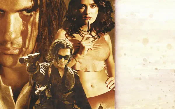 Once Upon a Time in Mexico 4K Ultra HD PC desktop wallpaper: sepia-toned poster collage of three intense figures, handgun, and weathered desert textures.