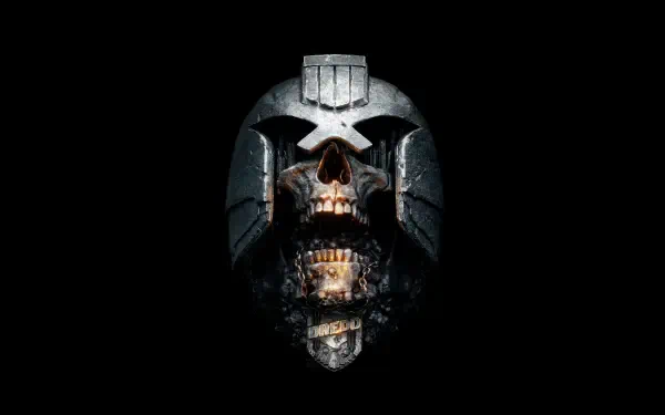 Dredd: cracked metallic helmet revealing a rotting skull, high-contrast close-up on black — 8K Ultra HD PC desktop wallpaper and background.