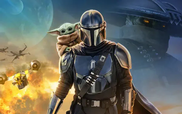 The Mandalorian & Grogu stand before explosions, starships and a moonlit sky — Star Wars 4K Ultra HD PC desktop wallpaper/background.