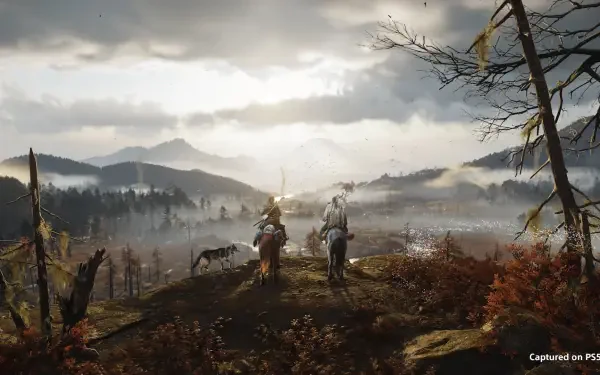 HD PC desktop wallpaper from the video game Ghost of Yōtei: two samurai on horseback survey mist-filled mountain valleys at sunrise, a cinematic background scene.