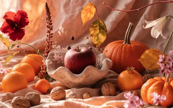 4K Ultra HD PC desktop wallpaper and background showcasing an Autumn still life of pumpkins, an apple, assorted gourds, fallen leaves and walnuts on a warm fabric backdrop.
