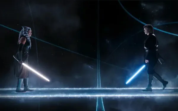 Ahsoka (2023) 4K Ultra HD PC desktop wallpaper and background: Ahsoka faces an opponent on a glowing, reflective platform as blue and white lightsabers clash in a dark sci‑fi arena.