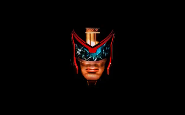 Dredd's helmeted face centered on a black background with glowing red visor highlights — 4K Ultra HD PC desktop wallpaper and background.
