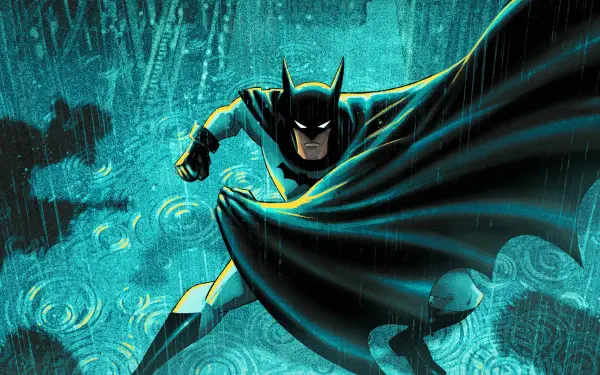 Batman: Caped Crusader 4K Ultra HD PC desktop wallpaper — Batman plunges through driving rain, cape billowing across a teal cityscape with rippling water below.