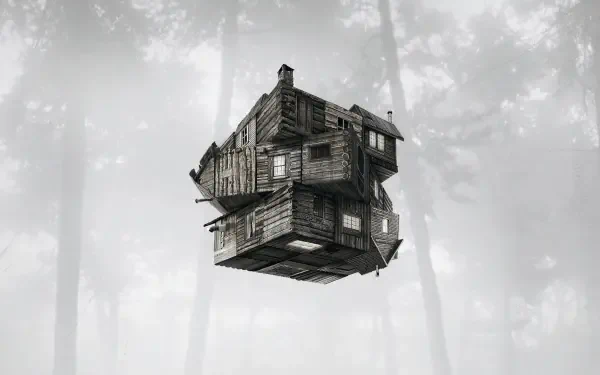 Surreal floating dilapidated cabin in a misty pine forest — The Cabin In The Woods, 4K Ultra HD PC desktop wallpaper/background.