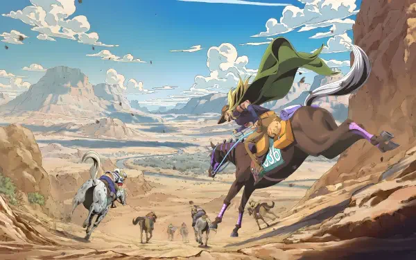 Steel Ball Run 4K Ultra HD PC desktop wallpaper — dynamic desert canyon horse race with riders charging past cliffs beneath a wide, cloud-streaked sky.