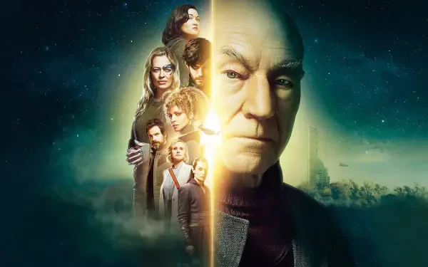 Star Trek: Picard HD PC desktop wallpaper showing a large, stern central portrait bisected by a glowing vertical beam with the ensemble to the left and a starfield background.