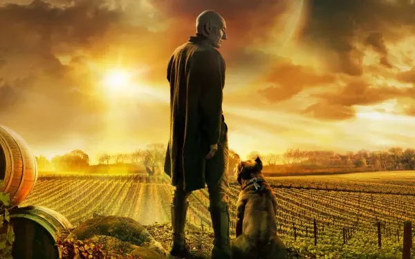 Star Trek: Picard 4K Ultra HD PC desktop wallpaper and background — an older Picard stands in a sunlit vineyard at sunset with his dog, facing the glowing horizon.