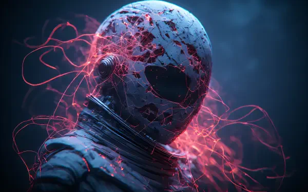 Alien concept art: a cracked, helmeted extraterrestrial with glowing pink energy tendrils, high-detail 4K Ultra HD PC desktop wallpaper/background.