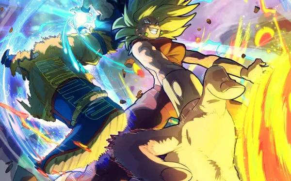 HD PC desktop anime wallpaper of Goku and Kefla (Dragon Ball Super) clashing mid-air, roaring ki blasts and swirling energy in a vivid, explosive Dragon Ball action scene.