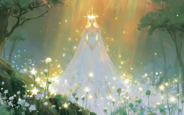 2K Quad HD PC desktop wallpaper: a fairy princess in a glowing gown and crown, standing in an enchanted forest as sparkles and wildflowers surround her.