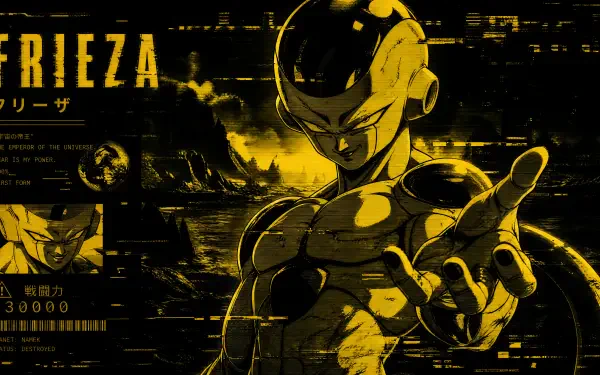 Frieza (Dragon Ball) in a striking gold-and-black cyber cityscape, outstretched hand and smirk, high-contrast 4K Ultra HD PC desktop wallpaper/background