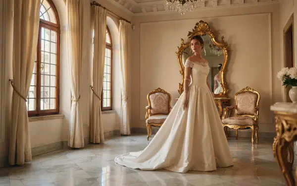4K Ultra HD desktop wallpaper of a bride in an elegant white wedding gown standing in a sunlit, ornate room with tall arched windows and gilded furniture.
