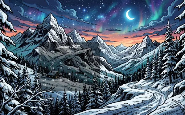 January 2027 calendar 5K Ultra HD desktop wallpaper — moonlit snowy mountains and pine forest beneath an aurora, crescent moon over a valley with a cabin and winding snow path.
