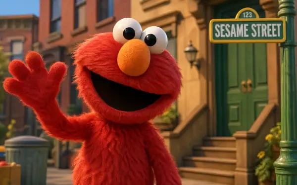 Elmo from Sesame Street waves on the neighborhood stoop beneath a Sesame Street sign — bright 4K Ultra HD PC desktop wallpaper/background.