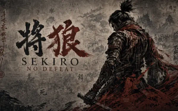 4K Ultra HD PC desktop wallpaper: Sekiro: No Defeat — lone samurai warrior in tattered armor, katana drawn against a dark textured background with game title and Japanese calligraphy.