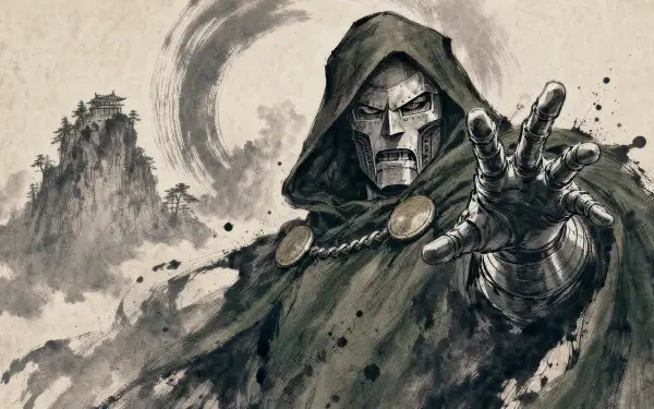 Doctor Doom in ink-wash style, hooded and armored, hand outstretched amid swirling mist — 4K Ultra HD PC desktop wallpaper and background.